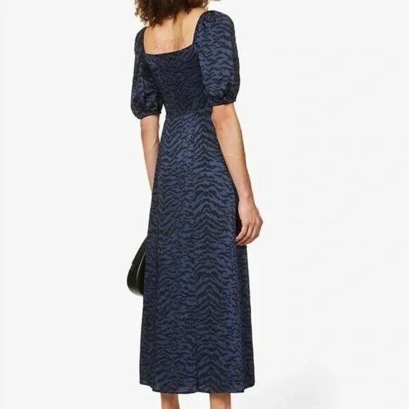 NWT Good American Corset Style Navy Black Zebra Print Puff Sleeve Maxi Dress 2 - Picture 2 of 8